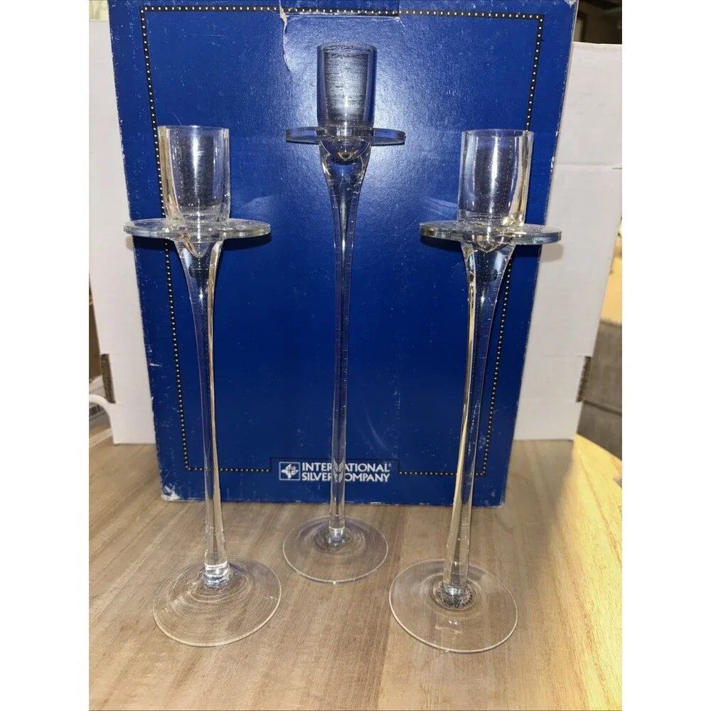 Vintage International Silver Co Clear Glass Long Stem Candle Holders Set of 3